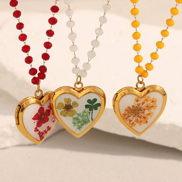Wholesale Necklace Stainless Steel 18K Gold Plated Heart Shape Dried Flower Photo Box Glass Bead
