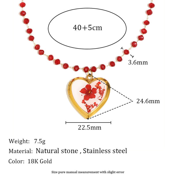 Wholesale Necklace Stainless Steel 18K Gold Plated Heart Shape Dried Flower Photo Box Glass Bead