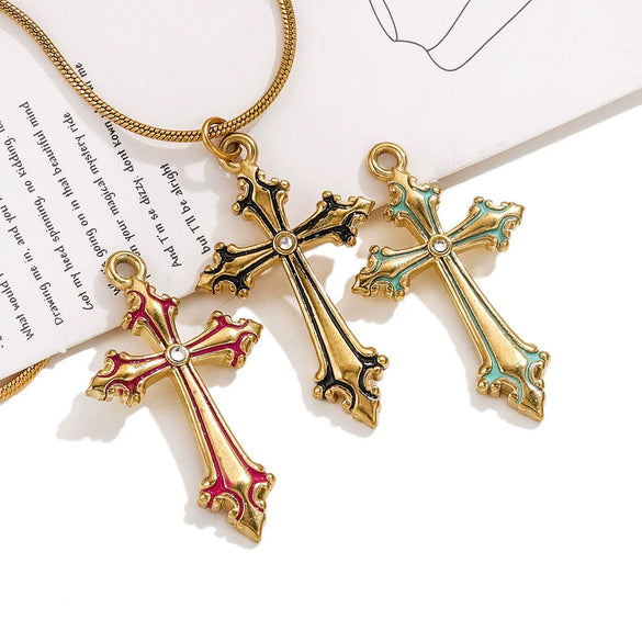 Wholesale Necklace Stainless Steel 18K Plated Dripping Oil Cross Baroque Punk Style