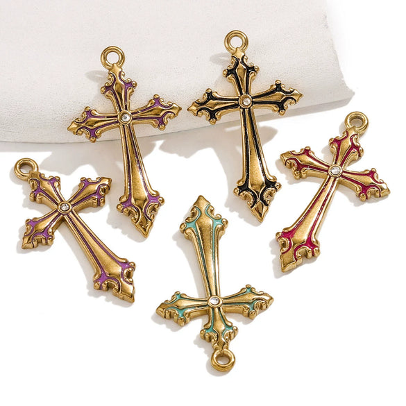 Wholesale Necklace Stainless Steel 18K Plated Dripping Oil Cross Baroque Punk Style