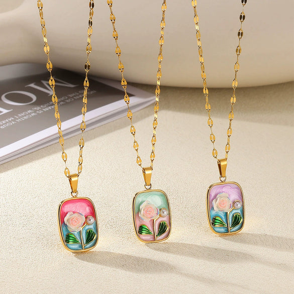 Wholesale Necklace Stainless Steel Oil Drop Flower Palace Style Electroplating For Unisex