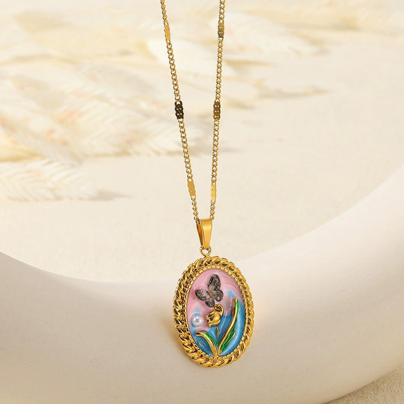 Wholesale Necklace Stainless Steel Oil Drop Flower Palace Style Electroplating For Unisex