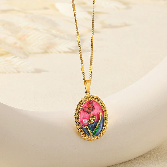 Wholesale Necklace Stainless Steel Oil Drop Flower Palace Style Electroplating For Unisex
