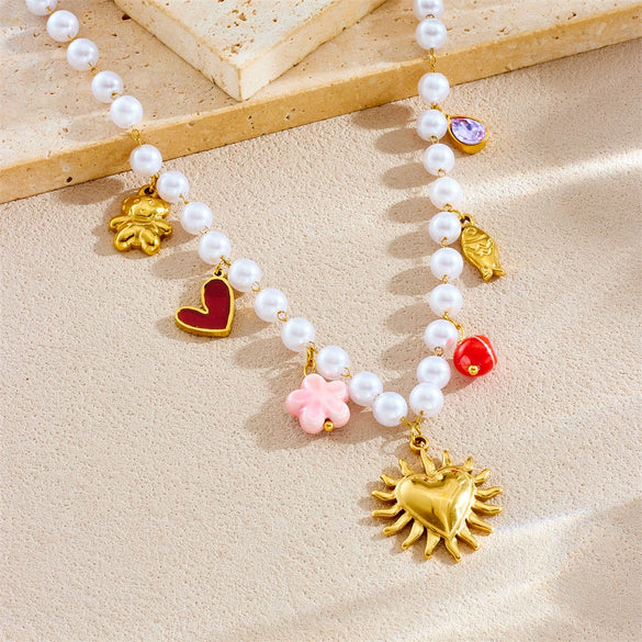 Wholesale Necklace Stainless Steel Pearl Chain Gold Plated Heart Shape French Retro Style