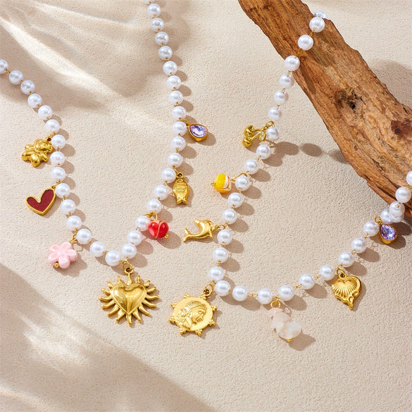 Wholesale Necklace Stainless Steel Pearl Chain Gold Plated Heart Shape French Retro Style