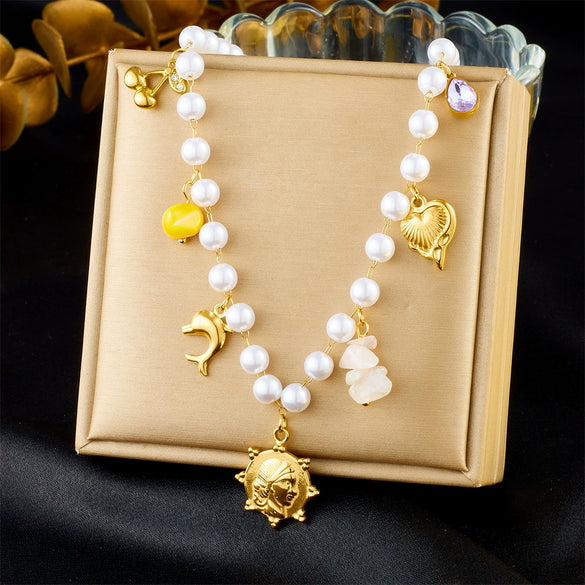 Wholesale Necklace Stainless Steel Pearl Chain Gold Plated Heart Shape French Retro Style
