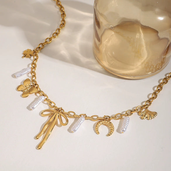 Wholesale Necklace Stainless Steel Pearl Four Leaf Clover Butterfly Ginkgo Leaf Pendant Electroplated For Women