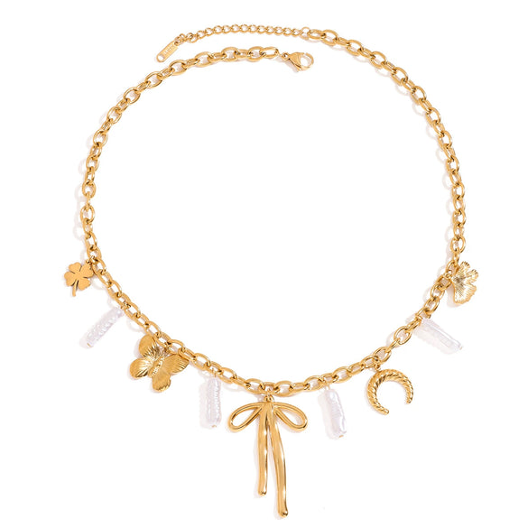 Wholesale Necklace Stainless Steel Pearl Four Leaf Clover Butterfly Ginkgo Leaf Pendant Electroplated For Women