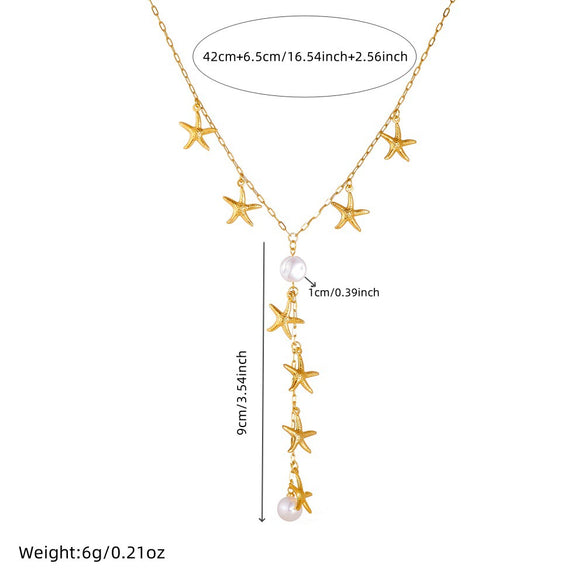 Wholesale Necklace Stainless Steel Pearl Gold Plated Starfish Y Shaped Chain Asymmetrical Chic Animal Style