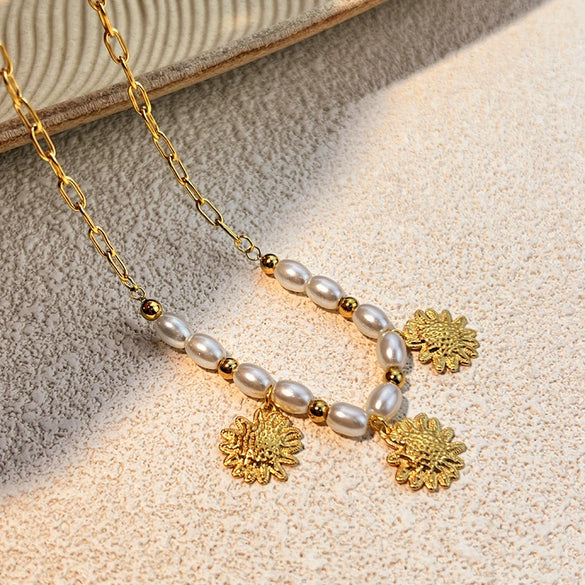 Wholesale Necklace Stainless Steel Retro Minimalist Ushaped Starfish Pearl Scallop Pendant Electroplating Unisex