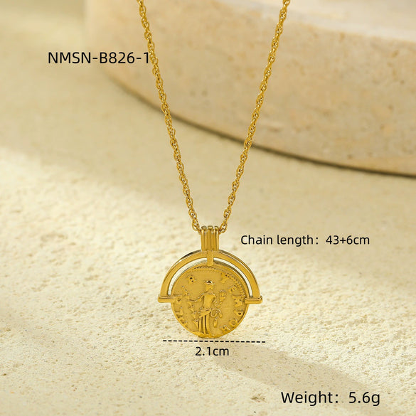 Wholesale Necklace Stainless Steel Roman Coin Goldplated Pendant Retro Style