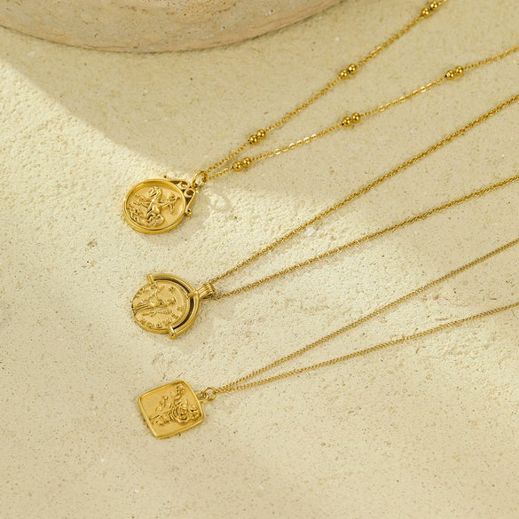 Wholesale Necklace Stainless Steel Roman Coin Goldplated Pendant Retro Style