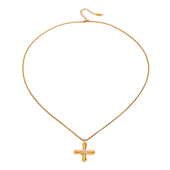 Wholesale Necklace Stainless Steel Titanium Steel Greek Cross Pendant With White Glass Zirconium Geometric Pattern Electroplating Snake Bone Chain For Women