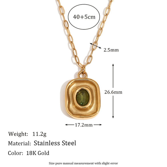Wholesale Necklace Stainless Steel Titanium Steel 18K Gold Plated Geometric Oval Green Zircon Pendant Paper Clip Chain For Women