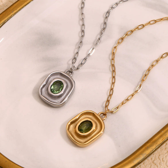 Wholesale Necklace Stainless Steel Titanium Steel 18K Gold Plated Geometric Oval Green Zircon Pendant Paper Clip Chain For Women