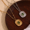Wholesale Necklace Stainless Steel Titanium Steel 18K Gold Plated Geometric Oval Green Zircon Pendant Paper Clip Chain For Women