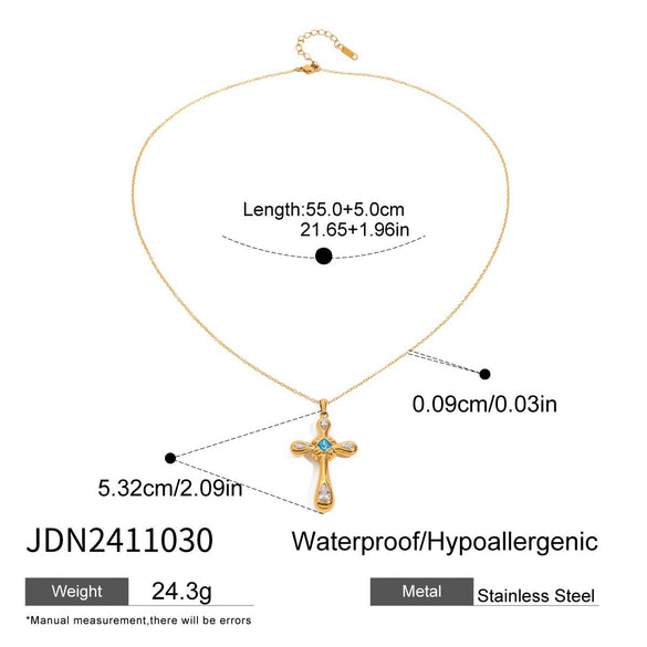 Wholesale Necklace Stainless Steel Titanium Steel Light Sapphire Blue Glass Zirconium Cross Diamond Pendant Snake Bone Chain Electroplating Geometric Light Luxury Style Women's
