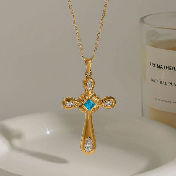 Wholesale Necklace Stainless Steel Titanium Steel Light Sapphire Blue Glass Zirconium Cross Diamond Pendant Snake Bone Chain Electroplating Geometric Light Luxury Style Women's