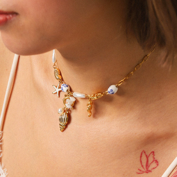 Wholesale Necklace Stainless Steel Titanium Steel Ocean Style Animal Zodiac Star Geometric Starfish Shell Conch Electroplated