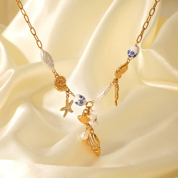 Wholesale Necklace Stainless Steel Titanium Steel Ocean Style Animal Zodiac Star Geometric Starfish Shell Conch Electroplated