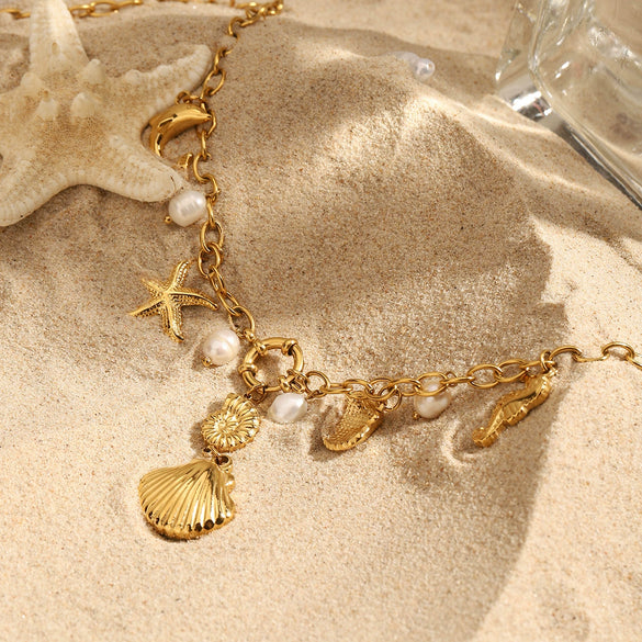 Wholesale Necklace Stainless Steel Titanium Steel Ocean Style Dolphin Seahorse Hammer Pattern Starfish Rib Shell Electroplating