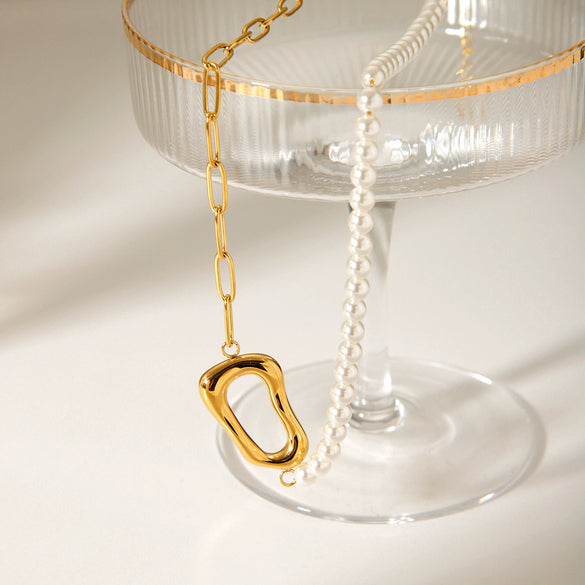 Wholesale Necklace Stainless Steel Titanium Steel Pearl Chain Geometric Pendant Electroplating