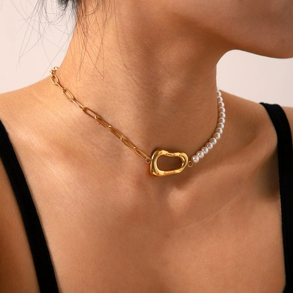 Wholesale Necklace Stainless Steel Titanium Steel Pearl Chain Geometric Pendant Electroplating