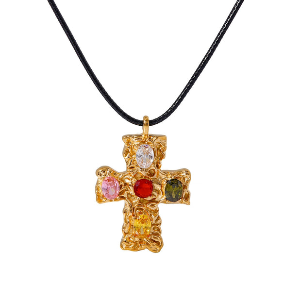 Wholesale Necklace Stainless Steel Titanium Steel Wax Cord Colorful Zircon Hammer Cross Electroplating