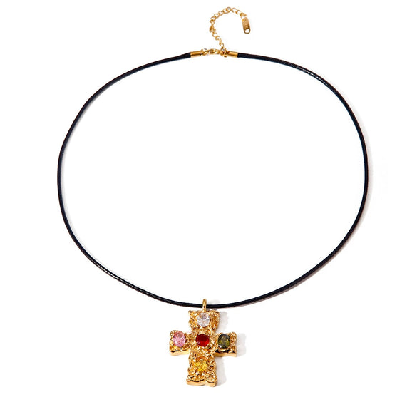 Wholesale Necklace Stainless Steel Wax Cord Geometric Cross Set Zircon Electroplated For Women