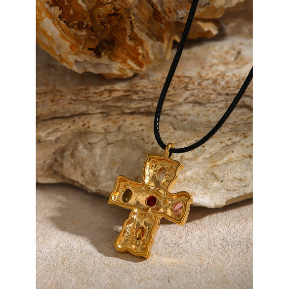 Wholesale Necklace Stainless Steel Wax Cord Geometric Cross Set Zircon Electroplated For Women