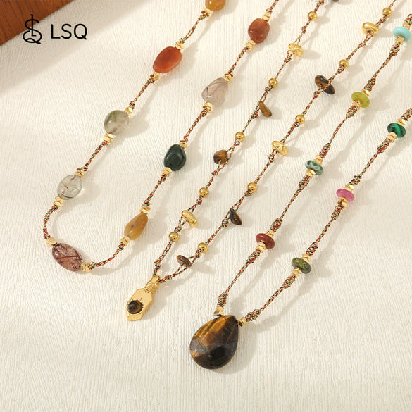 Wholesale Necklace Tiger's Eye Stone Green Stone Malachite Rope Stainless Steel Geometric Handmade Women's Retro Light Luxury