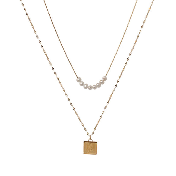 Wholesale Necklace Titanium Steel Colorunfading Plated Imitation Pearl Embossed Rose Geometric Water Wave Chain