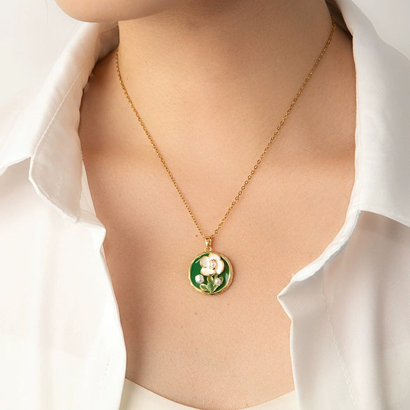 Wholesale Necklace Titanium Steel Copper Inlaid Pearl Threedimensional Flower 18K Gold Plated Electroplating For Women
