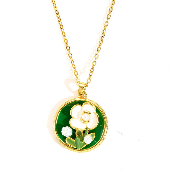 Wholesale Necklace Titanium Steel Copper Inlaid Pearl Threedimensional Flower 18K Gold Plated Electroplating For Women