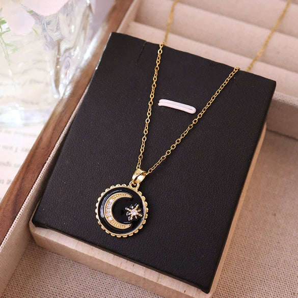 Wholesale Necklace Titanium Steel Copper Light Luxury Geometric Style With Diamond Treatment And Black Bear Crown Star Moon Elements Pendant Cross Chain For Women