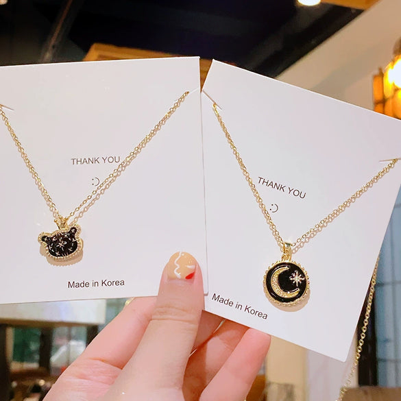 Wholesale Necklace Titanium Steel Copper Light Luxury Geometric Style With Diamond Treatment And Black Bear Crown Star Moon Elements Pendant Cross Chain For Women