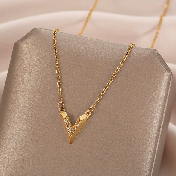 Wholesale Necklace Titanium Steel Copper Pendant With Diamonds Letters Numbers Text Vshaped Light Luxury Style For Women