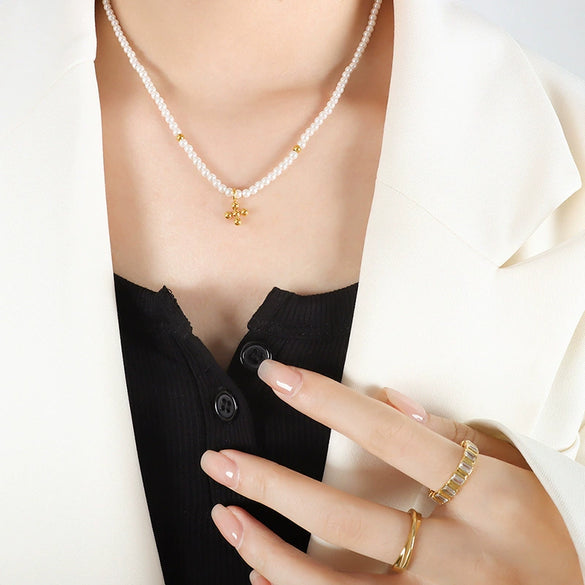 Wholesale Necklace Titanium Steel Geometric Electroplating Imitation Pearl Beaded Cross For Women