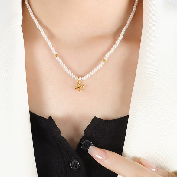 Wholesale Necklace Titanium Steel Geometric Electroplating Imitation Pearl Beaded Cross For Women