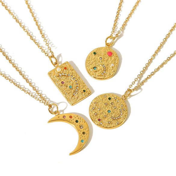 Wholesale Necklace Titanium Steel Geometric Sun And Moon Diamondembedded Star Electroplating Pendant