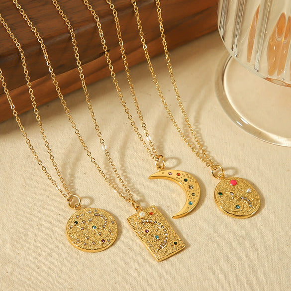 Wholesale Necklace Titanium Steel Geometric Sun And Moon Diamondembedded Star Electroplating Pendant
