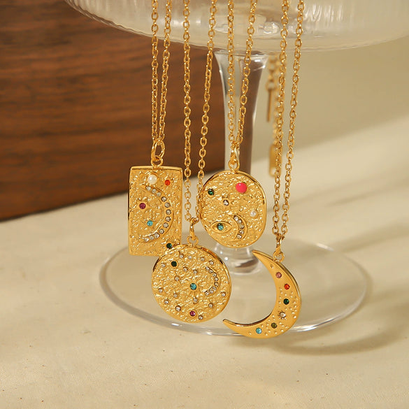Wholesale Necklace Titanium Steel Geometric Sun And Moon Diamondembedded Star Electroplating Pendant