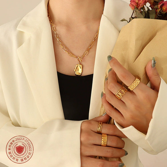 Wholesale Necklace Titanium Steel Gold Plated Geometric Doublelayer Irregular Pendant Clavicle Chain