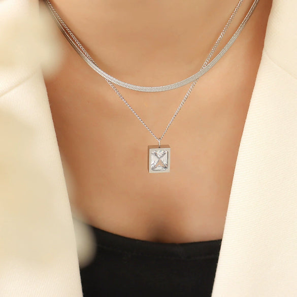 Wholesale Necklace 316L Stainless Steel Gold Plated Geometric Mixed Gemstone Inlay Pendant French Retro Style