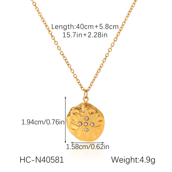 Wholesale Necklace Titanium Steel Stainless Steel Geometric Pattern Hammered Round Plate Inlaid With Diamond Eightpointed Star Pendant For Women