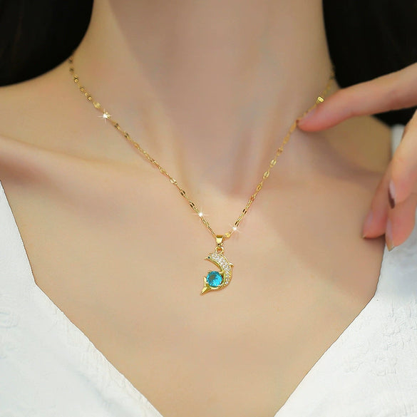Wholesale Necklace Titanium Steel Zircon Dolphin Blue Clavicle Chain For Women Simple Elegant Retro Cartoon Geometric Style
