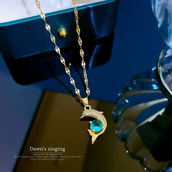 Wholesale Necklace Titanium Steel Zircon Dolphin Blue Clavicle Chain For Women Simple Elegant Retro Cartoon Geometric Style