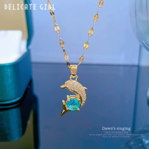 Wholesale Necklace Titanium Steel Zircon Dolphin Blue Clavicle Chain For Women Simple Elegant Retro Cartoon Geometric Style