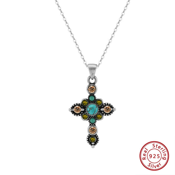 Wholesale Necklace Turquoise S925 Sterling Silver Geometric Cross Pendant Retro Ancient Roman Style Electroplated For Women