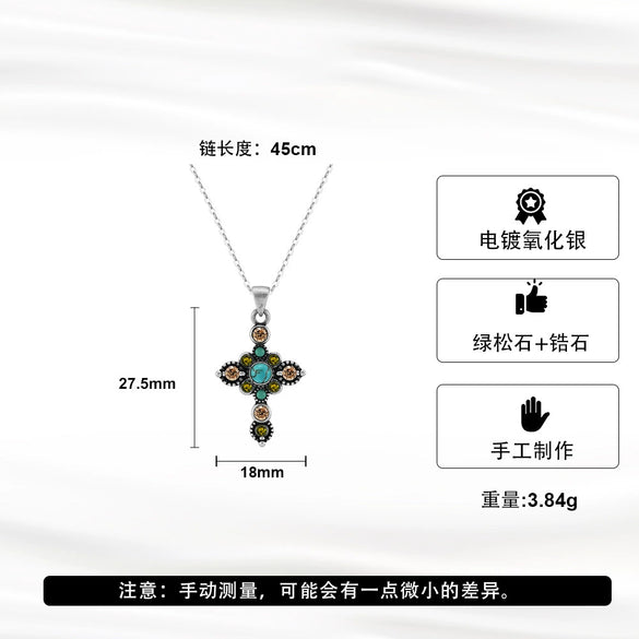 Wholesale Necklace Turquoise S925 Sterling Silver Geometric Cross Pendant Retro Ancient Roman Style Electroplated For Women